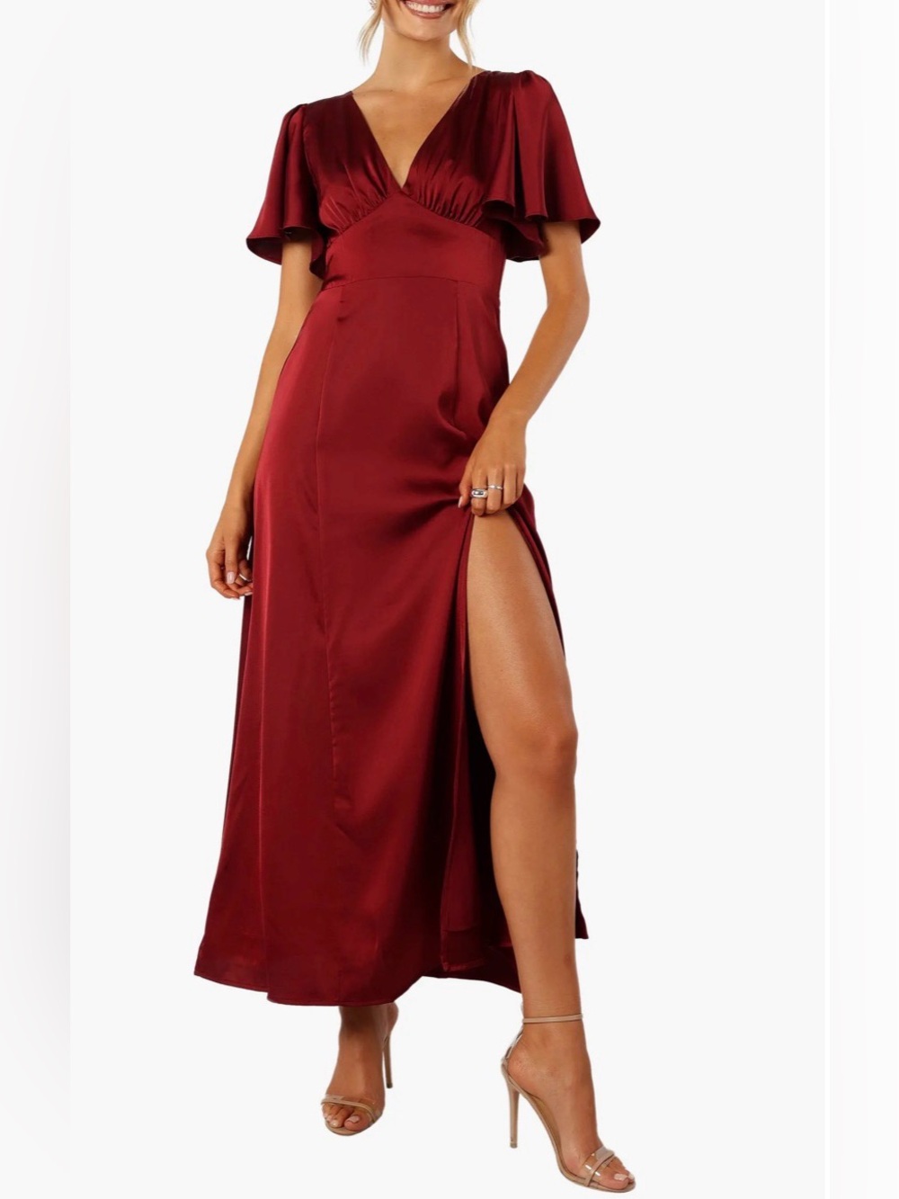 Petal & Pup Burgundy V-Neck Casper Flutter Sleeve Satin Dress M *Flaw